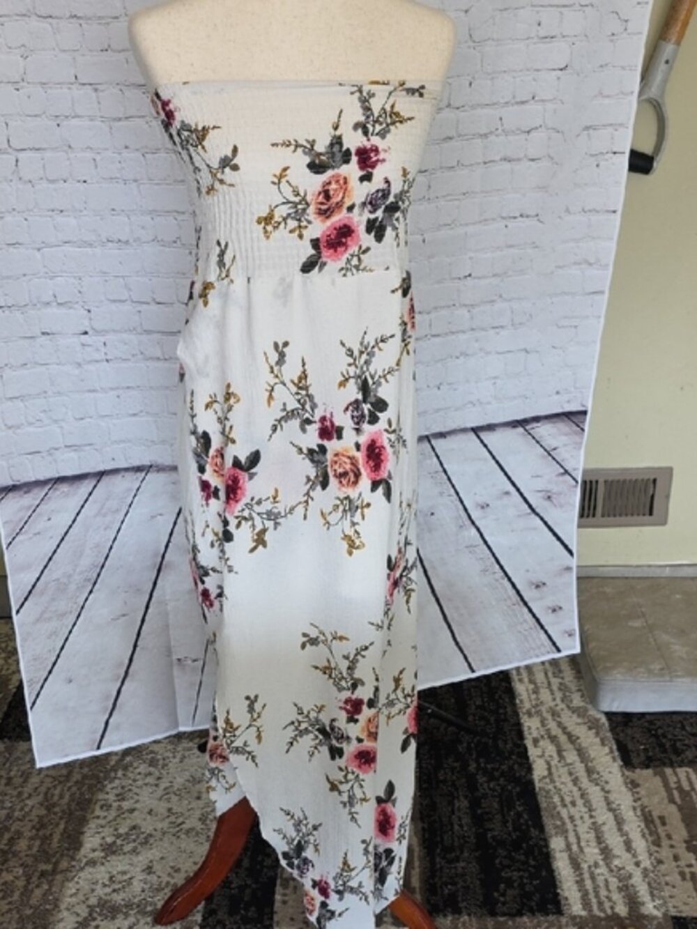 Floral Maxi Dress - White with Pink and Green Accents